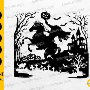 Puede incluir: Silueta negra del Jinete sin Cabeza a caballo, sosteniendo una calabaza, con murciélagos, una casa embrujada y lápidas. La imagen incluye el texto "SVG, DXF, PNG, EPS, AI" y "INSTANT DOWNLOAD".