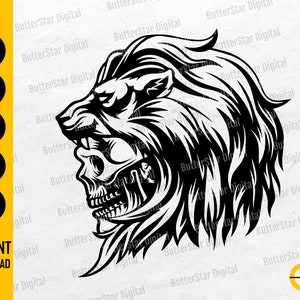 May include: Black and white graphic of a lion's head merged with a skull. The lion's mane frames the skull, with the text "INSTANT DOWNLOAD" and file type icons (SVG, DXF, PNG, EPS, AI) on the left.