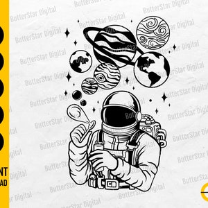 Astronaut Making Planet Soap Balloons SVG | Cosmic Decal T-Shirt Graphics | Cricut Cut File Printable Clipart Vector Digital Dxf Png Eps Ai
