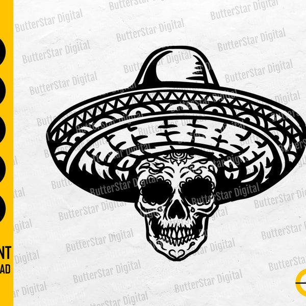 Sombrero Skull SVG | Mexican Skeleton SVG | Gothic T-Shirt Decal Vinyl | Cricut Cutting File Printable Clipart Vector Digital Dxf Png Eps Ai