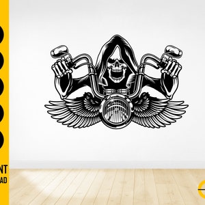 May include: A monochrome graphic depicting a grim reaper on a motorcycle. The reaper, with a skull face, wears a hooded cloak. The motorcycle features a large headlight and wings. Text on the left reads "SVG, DXF, PNG, EPS, AI" and "INSTANT DOWNLOAD".