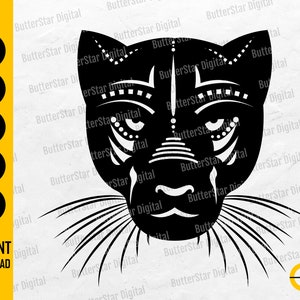 Op de afbeelding: Zwart-wit grafische afbeelding van een pantergezicht met tribale patronen. De afbeelding bevat de woorden "SVG", "EPS", "PNG", "PDF", "AI" en "INSTANT DOWNLOAD". Het ontwerp is van ButterStar Digital.