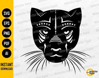 African Panther SVG | Big Cat Head Icon Decal Sticker Drawing T-Shirt Illustration | Cricut Silhouette Clipart Vector Digital Png Eps Pdf Ai