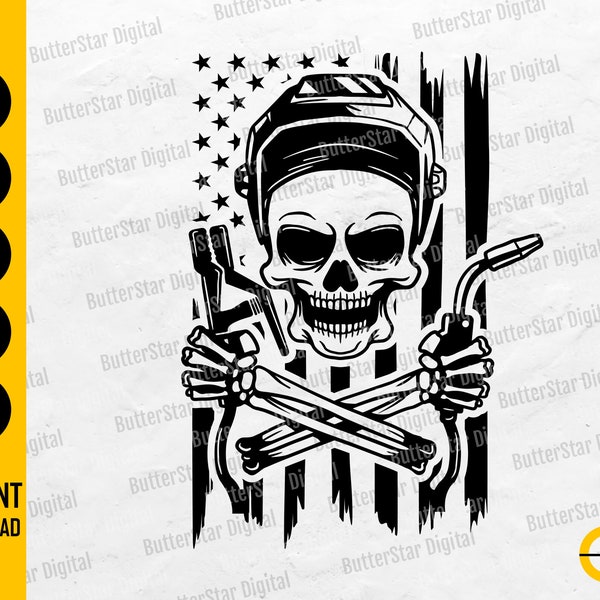 US Skull Welder SVG | USA Flag Skeleton Welding T-Shirt Decal Vinyl Graphics | Cricut Silhouette Cameo Clipart Vector Digital Dxf Png Eps Ai