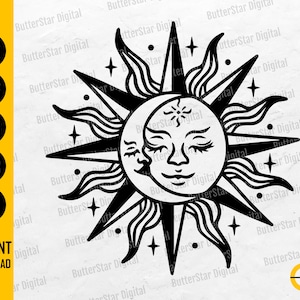 Sun And Moon SVG | Celestial Decal T-Shirt Decor Vinyl Stencil Graphics | Cricut Cut Files Silhouette Clip Art Vector Digital Dxf Png Eps Ai