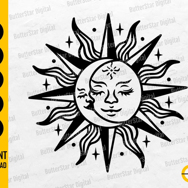 Sun And Moon SVG | Celestial Decal T-Shirt Decor Vinyl Stencil Graphics | Cricut Cut Files Silhouette Clip Art Vector Digital Dxf Png Eps Ai