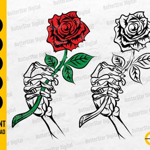 Skeleton Hand Rose SVG | Bone Flower Traditional Tattoo Decal T-Shirt Sticker Art | Cricut Silhouette Clipart Vector Digital Dxf Png Eps Ai