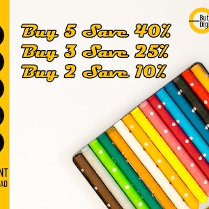 Op de afbeelding: Een doos kleurpotloden met teksten als "Buy 5 Save 40%", "Buy 3 Save 25%" en "Buy 2 Save 10%". De afbeelding bevat ook bestandstype-pictogrammen voor SVG, DXF, PNG, EPS en AI, met de woorden "Direct downloaden".