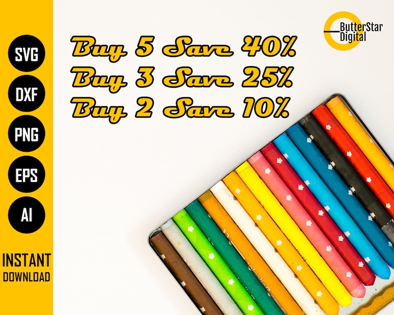 Op de afbeelding: Een doos kleurpotloden met teksten als "Buy 5 Save 40%", "Buy 3 Save 25%" en "Buy 2 Save 10%". De afbeelding bevat ook bestandstype-pictogrammen voor SVG, DXF, PNG, EPS en AI, met de woorden "Direct downloaden".