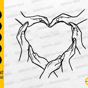 Könnte beinhalten: Eine Schwarz-Weiß-Strichzeichnung von Händen, die eine Herzform bilden. Das Bild enthält die Wörter "SVG", "DXF", "PNG", "EPS", "AI" und "SOFORTIGER DOWNLOAD". Das Design stammt von ButterStar Digital.