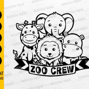 May include: Black and white cartoon illustration of a giraffe, elephant, lion, and hippo. The text "ZOO CREW" is displayed on a banner below the animals. The image also includes the text "SVG, DXF, PNG, EPS, AI, INSTANT DOWNLOAD".