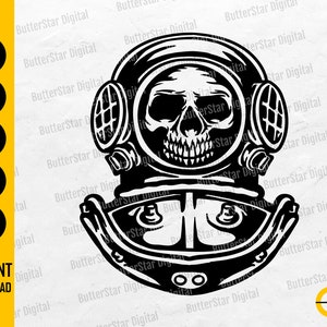 May include: A monochrome illustration of a diving helmet featuring a skull face. The design includes details such as the helmet's rivets, air vents, and faceplate. The words "INSTANT DOWNLOAD" are visible.