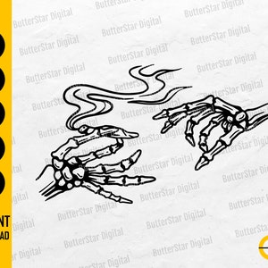 May include: A black and white digital illustration featuring two skeleton hands. One hand holds a smoking cigarette, the other reaches out. The image includes the text "INSTANT DOWNLOAD" and file type options.