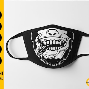 May include: Black face mask with a white gorilla face illustration, showing teeth and smoke. The mask has white ear loops. The left side of the image has the text "SVG, EPS, PNG, PDF, AI" in white circles. The text "INSTANT DOWNLOAD" is below.