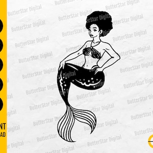 Afro Mermaid SVG | Black Woman SVG | Ocean Sea Fish Marine Aquatic Creature | Cutting Files Printables Clipart Vector Digital Dxf Png Eps Ai