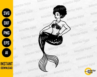 Afro Mermaid SVG | Black Woman SVG | Ocean Sea Fish Marine Aquatic Creature | Cutting Files Printables Clipart Vector Digital Dxf Png Eps Ai