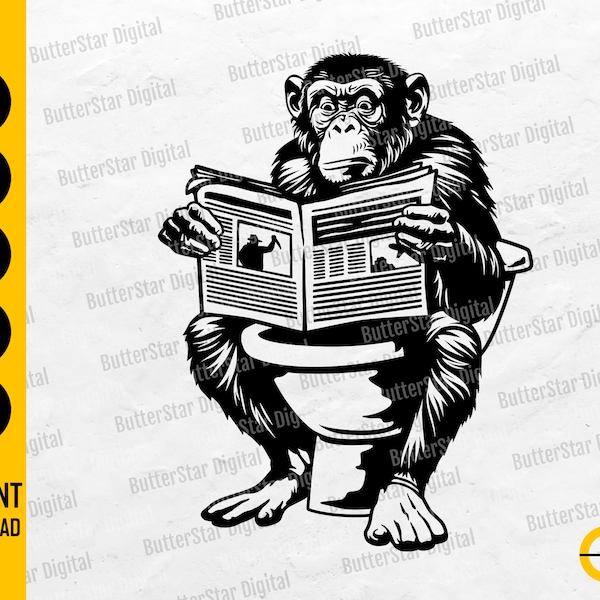 Monkey On Toilet Reading Newspaper SVG | Funny Bathroom Decor Decal Sticker | Cricut Cutfile Printable Clipart Vector Digital Dxf Png Eps Ai