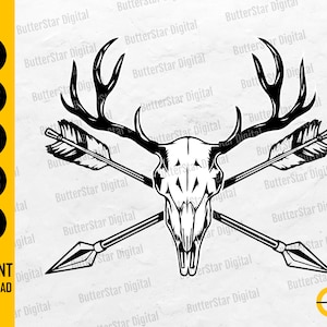 May include: Black and white graphic of a deer skull with antlers, crossed arrows, and the text "INSTANT DOWNLOAD". The design includes file type icons: SVG, DXF, PNG, EPS, and AI. A rustic, outdoorsy theme.