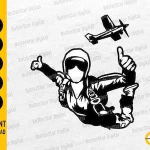 May include: Black and white graphic of a skydiver giving a thumbs up, with a plane above. The skydiver is wearing a helmet and goggles. Text on the left side says "SVG, DXF, PNG, EPS, AI, INSTANT DOWNLOAD".
