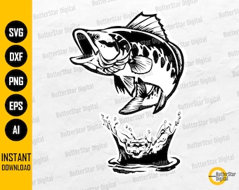 Jumping Bass Fish SVG | Bass Fishing SVG | Angling Reeling Fisherman | Cricut Cutting Files Silhouette Clipart Vector Digital Dxf Png Eps Ai