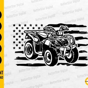 May include: Black and white ATV graphic with an American flag design. The image includes the text "SVG, DXF, PNG, EPS, AI, INSTANT DOWNLOAD". The ATV is depicted in a detailed, stylized illustration.