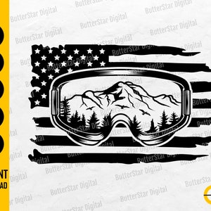 Op de afbeelding: Zwart-wit afbeelding van een skibril met een berglandschap, tegen een verweerde Amerikaanse vlag. De afbeelding bevat de tekst "INSTANT DOWNLOAD" en bestandstype-pictogrammen: SVG, DXF, PNG, EPS en AI.