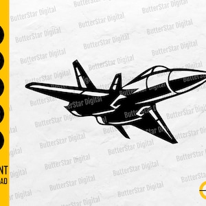 Könnte beinhalten: Schwarze Silhouette eines Düsenjägers, eine Vektorgrafik. Das Bild enthält Dateityp-Symbole für SVG, DXF, PNG, EPS und AI sowie den Text "INSTANT DOWNLOAD". Das Design ist vor einem weißen Hintergrund.