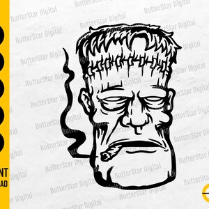 Op de afbeelding: Zwart-wit illustratie van Frankenstein's monster dat een sigaar rookt. Het monster heeft gestikte littekens en een gefronste wenkbrauw. De afbeelding bevat de tekst "SVG, DXF, PNG, EPS, AI" en "DIRECT DOWNLOADEN".