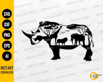 African Rhino SVG | Rhinoceros SVG | Safari T-Shirt Decal Sticker Graphics | Cricut Cutfile Printable Clip Art Vector Digital Dxf Png Eps Ai