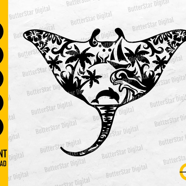 Tropical Manta Ray SVG | Summer Vibes SVG | Cute Beach T-Shirt Vinyl Decal Sticker | Cricut Silhouette Clipart Vector Digital Dxf Png Eps Ai