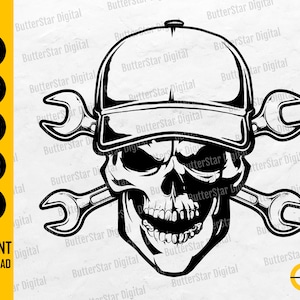May include: Black and white graphic of a skull wearing a cap, with crossed wrenches. The image includes the text "SVG, DXF, PNG, EPS, AI, INSTANT DOWNLOAD". The design is by ButterStar Digital.