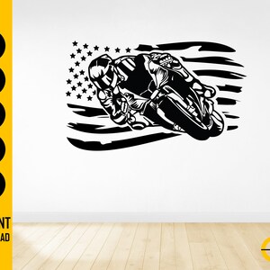 May include: Black and white graphic of a motorcycle racer leaning into a turn, set against a stylized American flag. The image includes the text "SVG, DXF, PNG, EPS, AI" and "INSTANT DOWNLOAD".