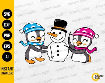 Penguins Build Snowman SVG | Cute Winter SVG | Animal Shirt Gift Decal Decor | Cricut Cutting File Printable Clipart Digital Dxf Png Eps Ai