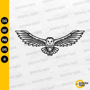 May include: A black and white line art illustration of an owl in flight with outstretched wings. The owl is facing forward, with detailed feather patterns. The image is a digital design, suitable for various creative projects.