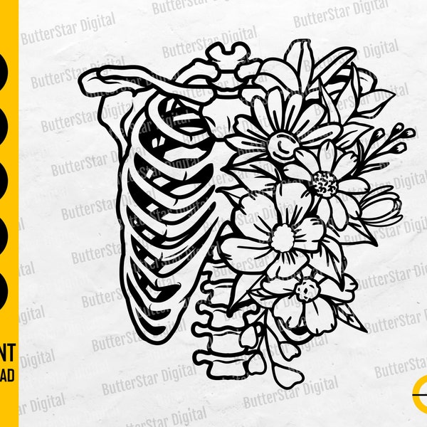 Floral Ribcage SVG | Rib Cage SVG | Skeleton SVG | Gothic Shirt Vinyl Stencil Tattoo | Cricut Cut File Clipart Vector Digital Dxf Png Eps Ai
