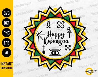 Happy Kwanzaa SVG | Kwanzaa Symbols SVG | African Heritage Culture Holiday | Cricut Cut File Printable Clipart Vector Digital Dxf Png Eps Ai