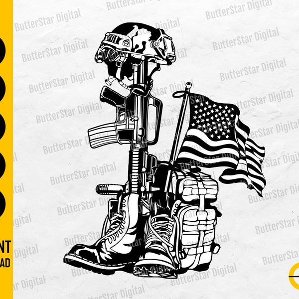 Fallen Soldier Tribute SVG | US Army War Hero Boots Dog Tag Gun Helmet USA Flag | Cricut Silhouette Printable Clipart Digital Png Eps Dxf Ai