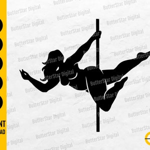 May include: Black silhouette of a person pole dancing, with one leg extended and arms wrapped around the pole. The image includes the text "SVG, DXF, PNG, EPS, AI" and "INSTANT DOWNLOAD". The ButterStar Digital logo is in the bottom right corner.