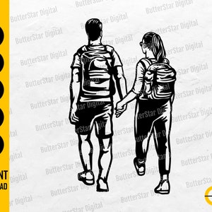 Puede incluir: Ilustración en blanco y negro de una pareja caminando, tomados de la mano y con mochilas. La imagen incluye las palabras "SVG, DXF, PNG, EPS, AI" y "INSTANT DOWNLOAD". El logotipo de ButterStar Digital está en la esquina inferior derecha.