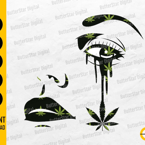 Cannabis Girl Face SVG / Weed Leaf SVG / Stoner Woman SVG / Eyes Nose Lips Mouth Crying / Cutting File Clipart Vector Digital Dxf Png Eps Ai