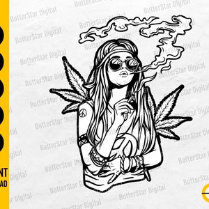 May include: Black and white illustration of a woman with long hair, sunglasses, and a headband, smoking. The image includes cannabis leaves, a peace sign, and the text "INSTANT DOWNLOAD".