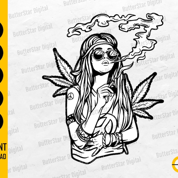 Hippie Girl Smoking Weed SVG | Smoke Marijuana SVG | Hippy Shirt Clipart Graphic Decal | Cutting File Cuttable Vector Digital Dxf Png Eps Ai