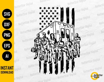 May include: Black and white graphic of an ambulance, a team of first responders, and an American flag design. The image includes the text "INSTANT DOWNLOAD" and file type options: SVG, DXF, PNG, EPS, and AI.