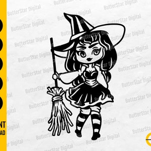 以下が含まれることがあります： ほうきを持った漫画の魔女の白黒デジタルイラスト。魔女の帽子、ドレス、ストライプの靴下を着用しています。画像には「SVG、DXF、PNG、EPS、AI」と「INSTANT DOWNLOAD」の文字が含まれています。