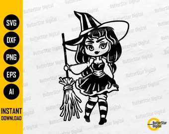 Cute Witch With Broom SVG | Children's Halloween SVG | Cricut Cutting File Silhouette Vinyl Printable Clip Art Vector Digital Dxf Png Eps Ai