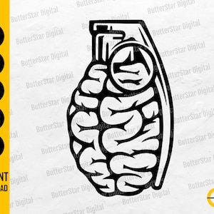May include: Black and white graphic of a grenade with a brain-like design. The image includes the text "SVG, DXF, PNG, EPS, AI" and "INSTANT DOWNLOAD". The design is by ButterStar Digital.