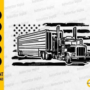 May include: Black and white graphic of a semi-truck with an American flag design. The image includes the words "SVG, DXF, PNG, EPS, AI" and "INSTANT DOWNLOAD". The design is suitable for digital art projects.