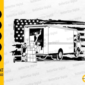 Könnte beinhalten: Schwarz-weiße Grafik eines Lieferwagens mit Arbeitern, die Kisten laden, vor dem Hintergrund einer stilisierten amerikanischen Flagge. Der Text "INSTANT DOWNLOAD" und Dateitypoptionen sind enthalten.