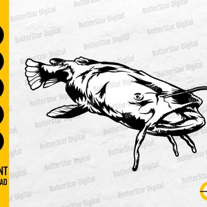 May include: Black and white illustration of a catfish. The image includes the text "SVG, DXF, PNG, EPS, AI" and "INSTANT DOWNLOAD". The design is by ButterStar Digital.