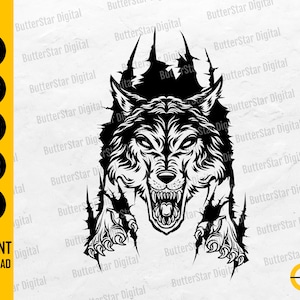 May include: A black and white graphic of a snarling wolf bursting through a torn surface. The wolf's teeth are bared, and its eyes are intense. The image includes file type icons: SVG, DXF, PNG, EPS, and AI, with the text "INSTANT DOWNLOAD".